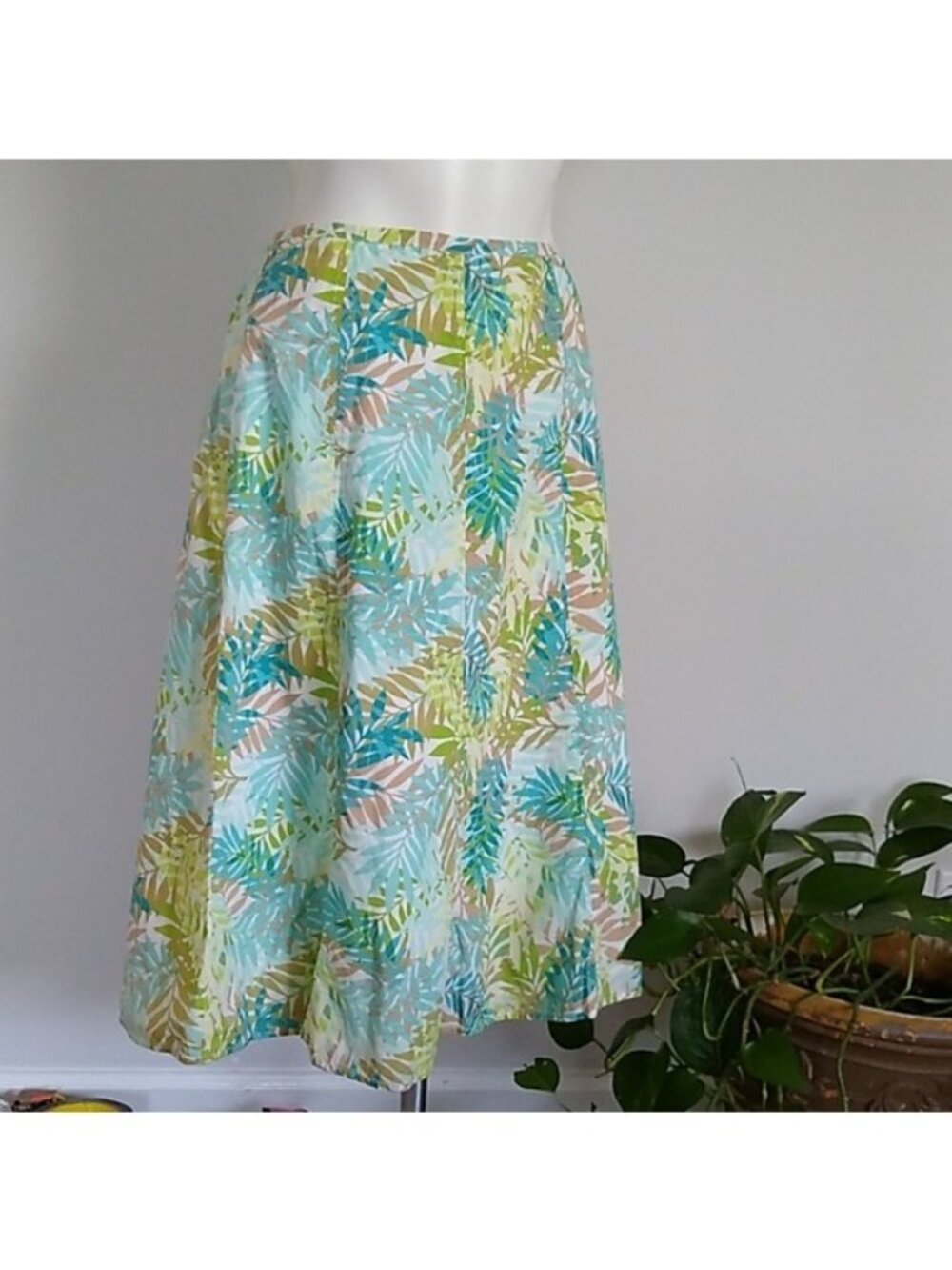 Eddie Bauer Womens Tropical Leaf Print Cotton Midi Skirt Size 12 Tall - Picture 1 of 6